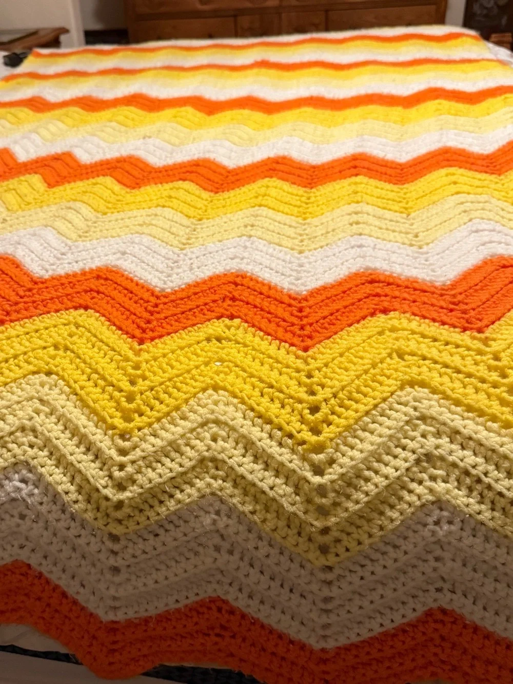 Vibrant Handmade Chevron Crochet Throw Blanket - Orange, Yellow & White Vintage